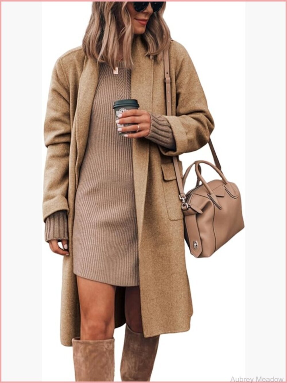 Womens Long Open Front Wool Coat with Pockets